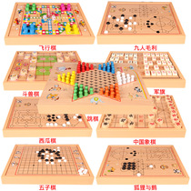 Wooden childrens board game multifunctional chess checkers Flying Chess Backgammon Parent-child interactive chessboard educational toy set