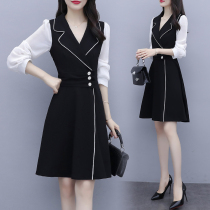 Plus size womens clothing 2021 early spring new suit collar fat mm waist slim A- shaped belly jumpsuit skirt tide tide