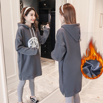 Hong Kong pregnant women plus velvet sweater 2021 autumn and winter New Fashion age reduction loose hooded coat thick warm autumn wear