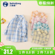 Boy shirt 2022 new childrens spring and autumn checkered blouse baby spring style male baby long sleeve pure cotton lining clot