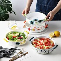 Binaural bowl Single household ceramic simple hand-painted underglaze color anti-scalding soup bowl Instant noodle bowl Salad bowl Large bowl noodle bowl