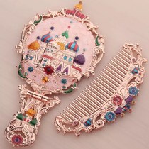 Small comb female portable exquisite handle small mirror with comb set retro portable makeup mirror foldable