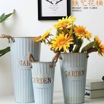 Wake Bucket Deepwater Retro made of old sheet Flower Barrel Flower Shop Flowers Barrel Flower casks Hemp Rope Binaural Decoration American