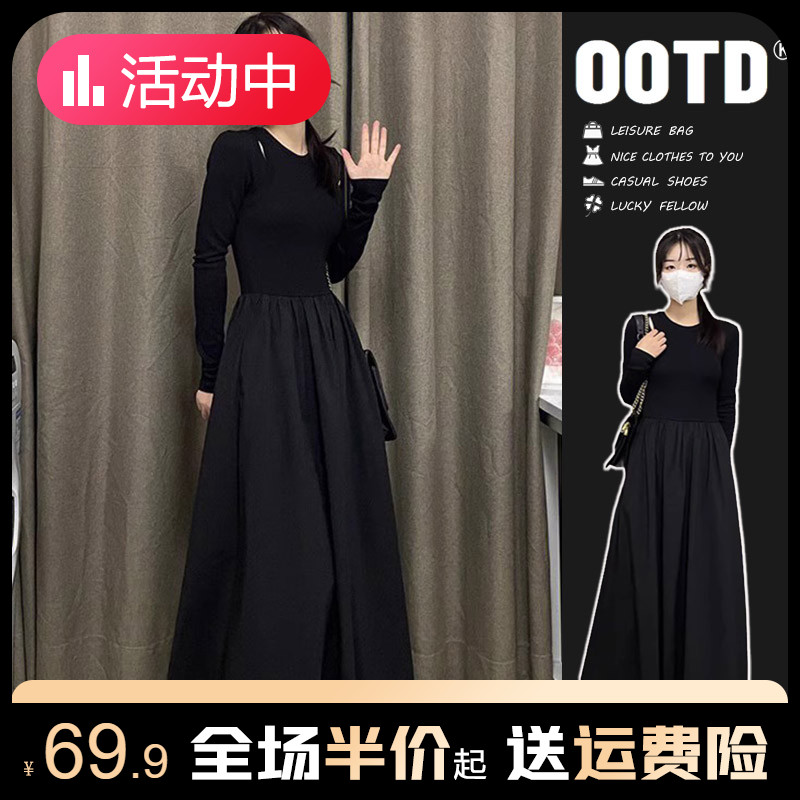 2023 New Autumn Black Long sleeved Dress for Children's Wear Early Autumn Hepburn Style Small Black Skirt Premium Long Dress