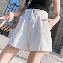  Korean denim shorts womens summer plus size fat mm elastic waist loose thin wide legs high waist A-line hot pants white