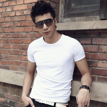 Summer cotton solid color mens short-sleeved T-shirt round neck half sleeve top dress white mens base shirt Slim T-shirt trend
