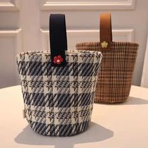 Fashion Simple Plaid Korean Canvas Bucket Bag Casual Versatile Mommy Bag Thickened Lunch Box Bag Hand Bag