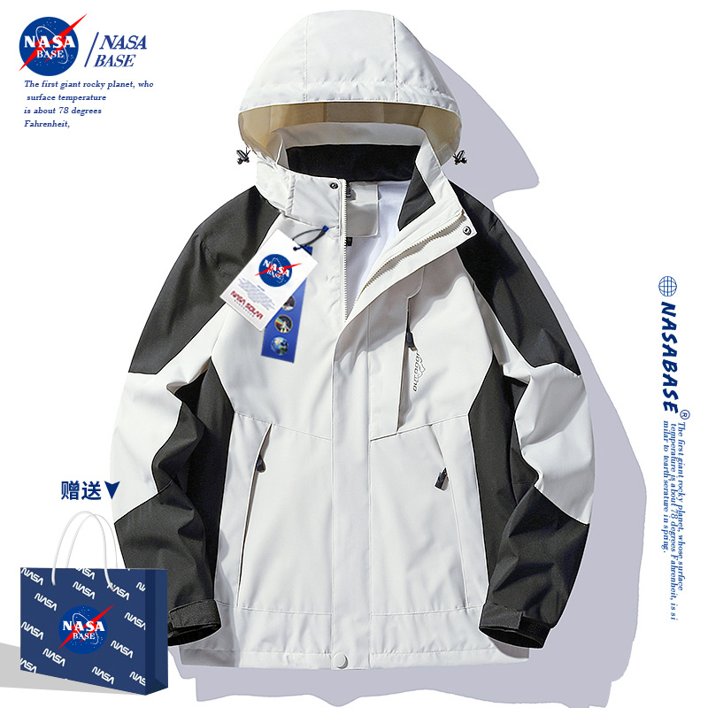 NASA 共同ブランド ジャケット、春と秋のメンズとレディースのスリーインワン取り外し可能な屋外防風防水登山ジャケット