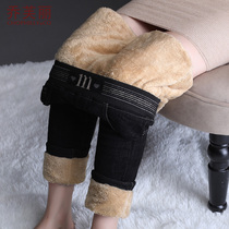 Young mother plus velvet thickened jeans women autumn and winter 30 years old 40 middle-aged people winter dress foreign air elastic waist long pants