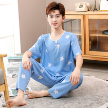 Summer youth thin air-conditioning clothing cotton silk pajama suit Boy middle and large children cotton poplin home student artificial cotton