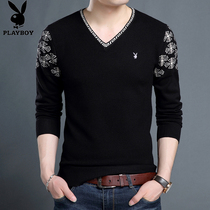 Playboy sweater mens chicken heart V-neck knitted thread clothing spring and autumn thin semi-high neck bottom cardigan mens tide