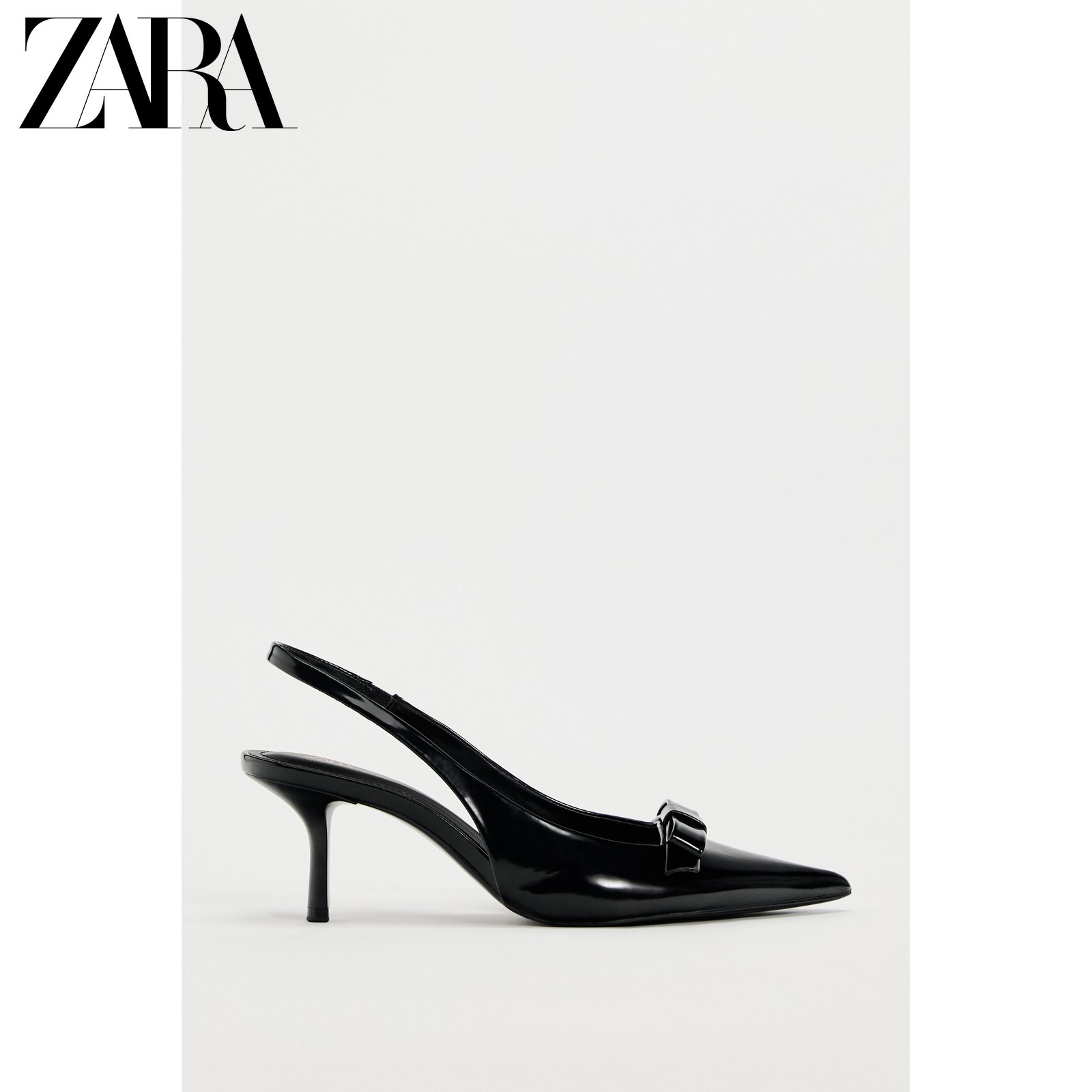 ZARA 春の新作婦人靴 パテントレザー リボン飾り ポインテッドトゥ スリングバック ミュール ハイヒール 2265310 800