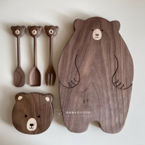 Cute bear & Walnut handmade wooden mat Japanese jam honey small spoon Fork wooden chopping plate