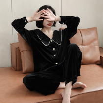 LY Babynico French gold velvet pajamas womens autumn and winter black lace long sleeve premium suit can be worn outside