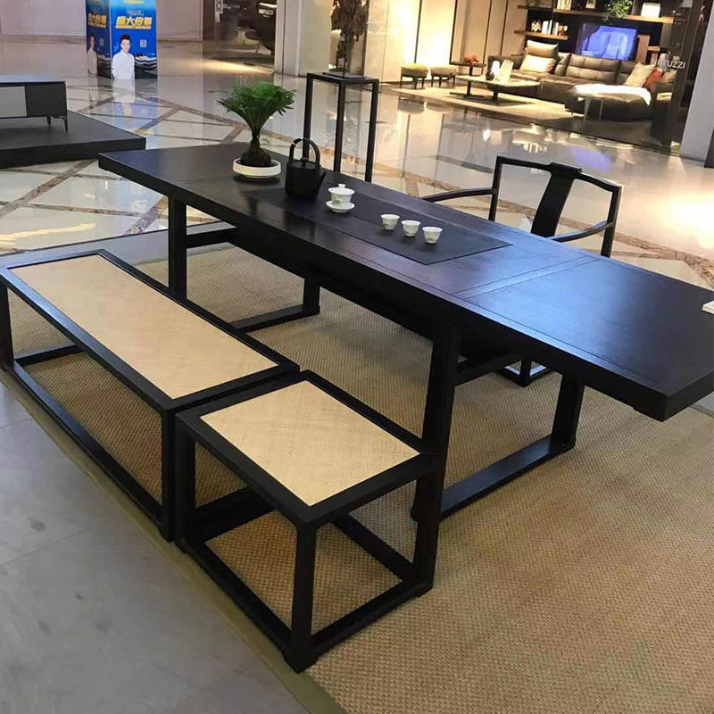Qmeiwuwu 新しい中国風のティーテーブルと椅子の組み合わせ無垢材籐大型コーヒーテーブルロングテーブル 2.4 メートルティールーム家具のカスタマイズ