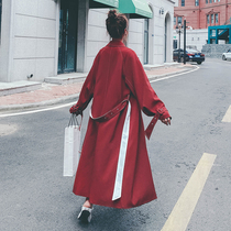 Wine red vintage windbreaker coat womens long knee Spring Autumn New 2021 Korean version loose Design Tide