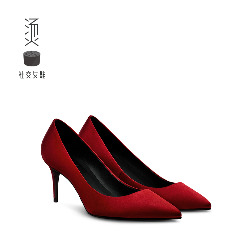 Hot social women's shoes 2018 autumn new silk red pointed stiletto fashion wild single shoes women's wedding shoes