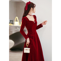 Toast Bride 2021 New Winter Long Sleeve Red Dress Women Simple Atmosphere Velvet Engagement Winter