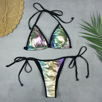 Patent leather sexy three-point thong high split strap bikini swimsuit European beach bikini womens swimsuit