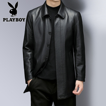 Playboy middle-aged plus size mens leather jacket autumn and winter plus velvet padded dad leather jacket medium and long windbreaker jacket