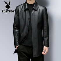 Playboy middle-aged large size men's leather coat autumn and winter plus velvet padded dad leather jacket long windbreaker coat