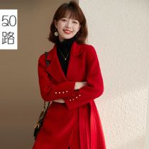Red double-sided cashmere coat womens long 2021 new autumn and winter high-end Bride wedding woolen coat