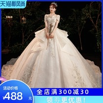 Word shoulder wedding dress 2021 new bride French court style heavy industry luxury tail wedding dress light luxury niche high-end