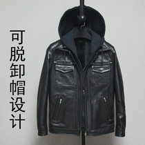 Autumn new top layer cowhide leather leather leather men slim lapel removable hooded motorcycle jacket thickened jacket