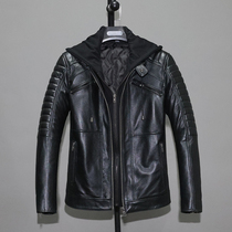 European and American wind head layer cowhide motorcycle jacket plus cotton leather leather men slim body removable hat cotton liner mens coat