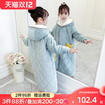 Childrens bathrobe coral velvet autumn and winter girls Childrens nightgown thickened three-layer cotton embroidered flannel pajamas