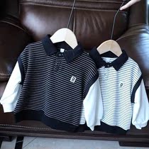 2021 new boys sweater autumn dress childrens stripes Polo collar base shirt boy middle and Big Boy long sleeve top tide