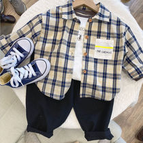 Top coat coat autumn new boys blue plaid long sleeve shirt 2021 spring and autumn childrens shirt Children Baby
