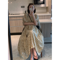 A Tu Xiu Han Dai summer new French vintage floral dress Womens light cooked style bubble sleeve mid-length skirt