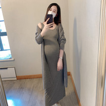 Ziyu self-made spring new solid color loose knitted mid-length sweater cardigan coat maternity suit