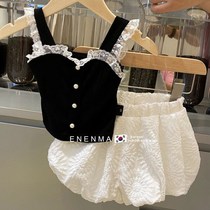 Korean childrens clothing 2021 summer new girls  foreign style suit childrens black vest loose bud pants two-piece set