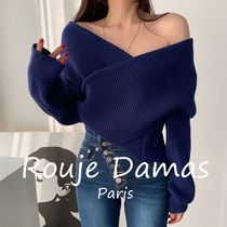 French rouje damas autumn and winter skin-like collar cross-slip shoulder careful machine loose long-sleeved knitted sweater