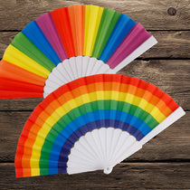 Childrens folding fan six-color rainbow flat folding 7-inch craft fan kindergarten cloth dance fan small cool fan