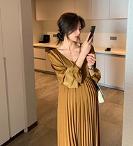 Pregnant womens trendy mother does not show belly V-neck pleated midi dress wild loose skirt French fashion long-sleeved womens clothing