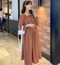 Pregnant women tide mother does not show belly Spring and Autumn long sleeve chiffon dress loose temperament large size womens long skirt Korean version