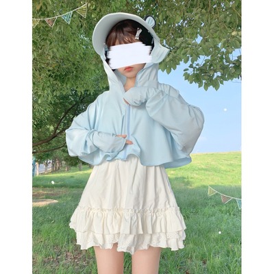 taobao agent Cute trench coat with hood, thin sun protection clothing, summer jacket, breathable cardigan, Lolita style