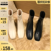 Su Xiaoyin square head thick heel short boots women winter New beige ankle boots back zipper plus velvet stretch thin boots