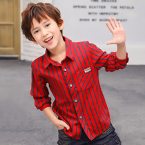 Boy plus velvet shirt tide 2021 autumn and winter big boy cotton shirt boy red casual Childrens striped top