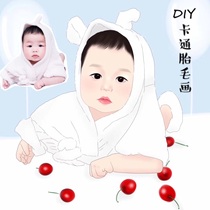 High-end custom handmade cartoon fetal hair painting newborn hand painting full moon 100 days old diy gift