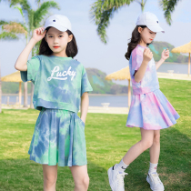 Girls summer clothing suit 2022 new CUHK Fairy Ocean Girl Zdyeing Kit Skirt Summer Net Red two sets 12 years old