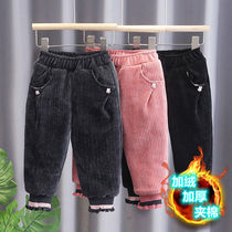 Girls cotton pants wear foreign style plus velvet padded pants winter baby girl three-layer cotton warm pants children's clothing tide
