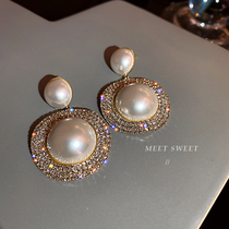 Korean net red pearl earrings Sterling silver temperament flash diamond high-grade atmosphere drop earrings personality exaggerated fashion earrings for women
