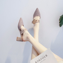 Tide brand semi-baotou sandals 2021 summer wild pointed middle heel thick heel late night fairy wind with skirt womens shoes