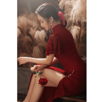  Fishtail toast dress Bridal cheongsam summer wine red engagement dress can usually be worn back to the door long female autumn
