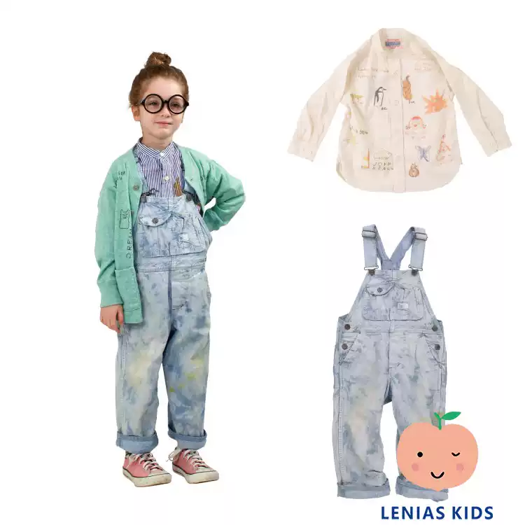 Lenias LN家Denim Dungaree24SS春夏卡通衬衫+扎染背带裤