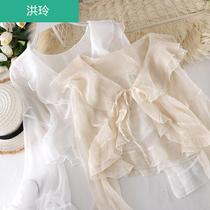 2021 super fairy flared sleeve ruffle lace-up short sunscreen shirt top summer with skirt outside with small shawl